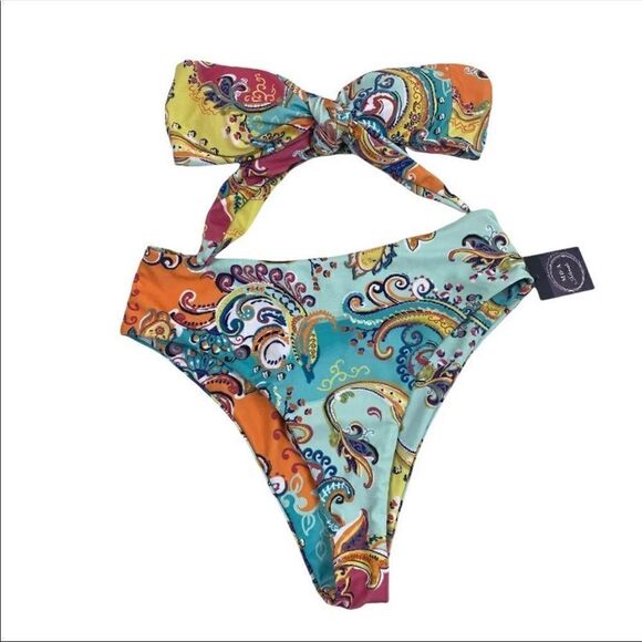 Paisley Print Knot Front Bandeau Bikini Swimsuit - Picture 3 of 7